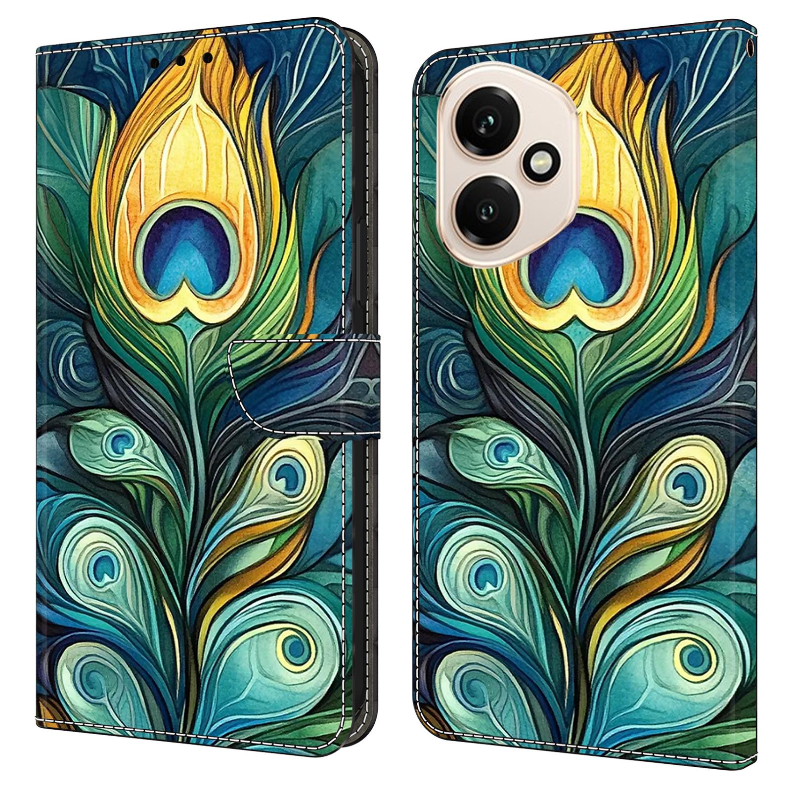 

For Honor 400 5G (Global) Leather Case Pattern Printing Wallet Stand Flip Phone Cover Green Feathers