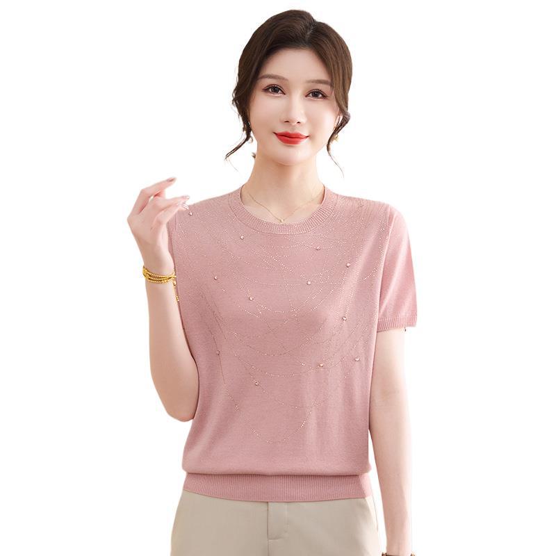 Mom's Stylish Ice Silk Short-Sleeve T-shirt - Elegant Summer Top for Middle-Aged & Elderly Women