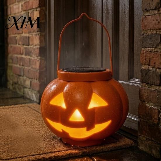 Weatherproof Solar Powered Lanterns Halloween Pumpkin Lantern, Waterproof Outdoor Hanging Light, Orange Compact Lights for Walkways Spooky Face
