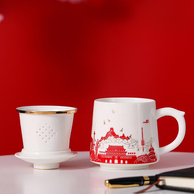 Chinese Style Ceramic Tea Cup with Lid, Filter, and Logo