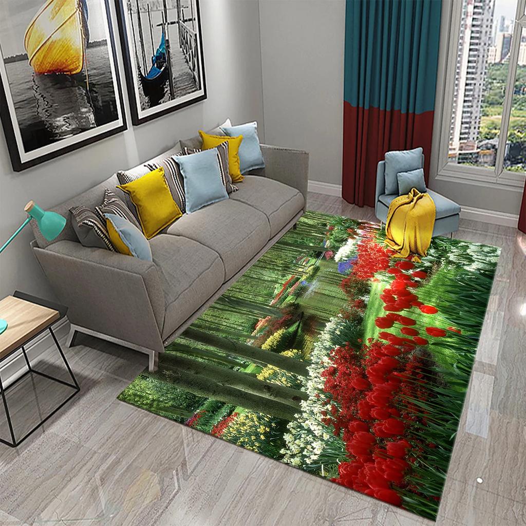 3D Garten Thema Teppich Bunte Blumen und Pflanzen Teppich für Schlafzimmer Bodenmatte Fußmatte Badezimmer Rutschfeste Matte Teppich Heimdeko
