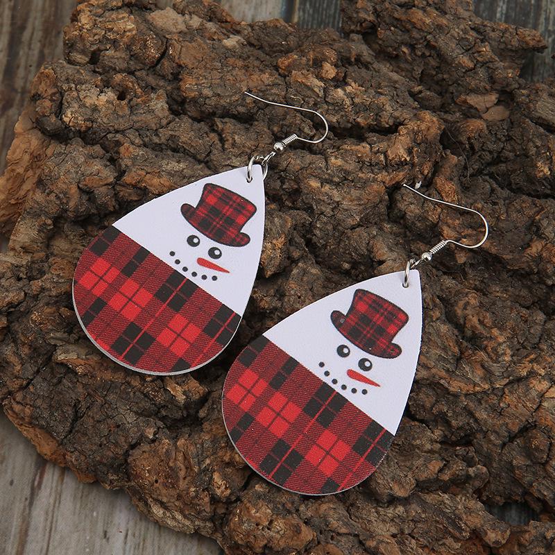 European & American Christmas Red Plaid Snowman Teardrop PU Leather Earrings