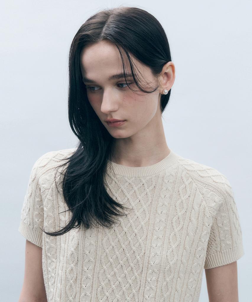 MONGDOL [From Italy] Cable Round Neck Short Sleeve Knit Top Mdkt100_5 Colors