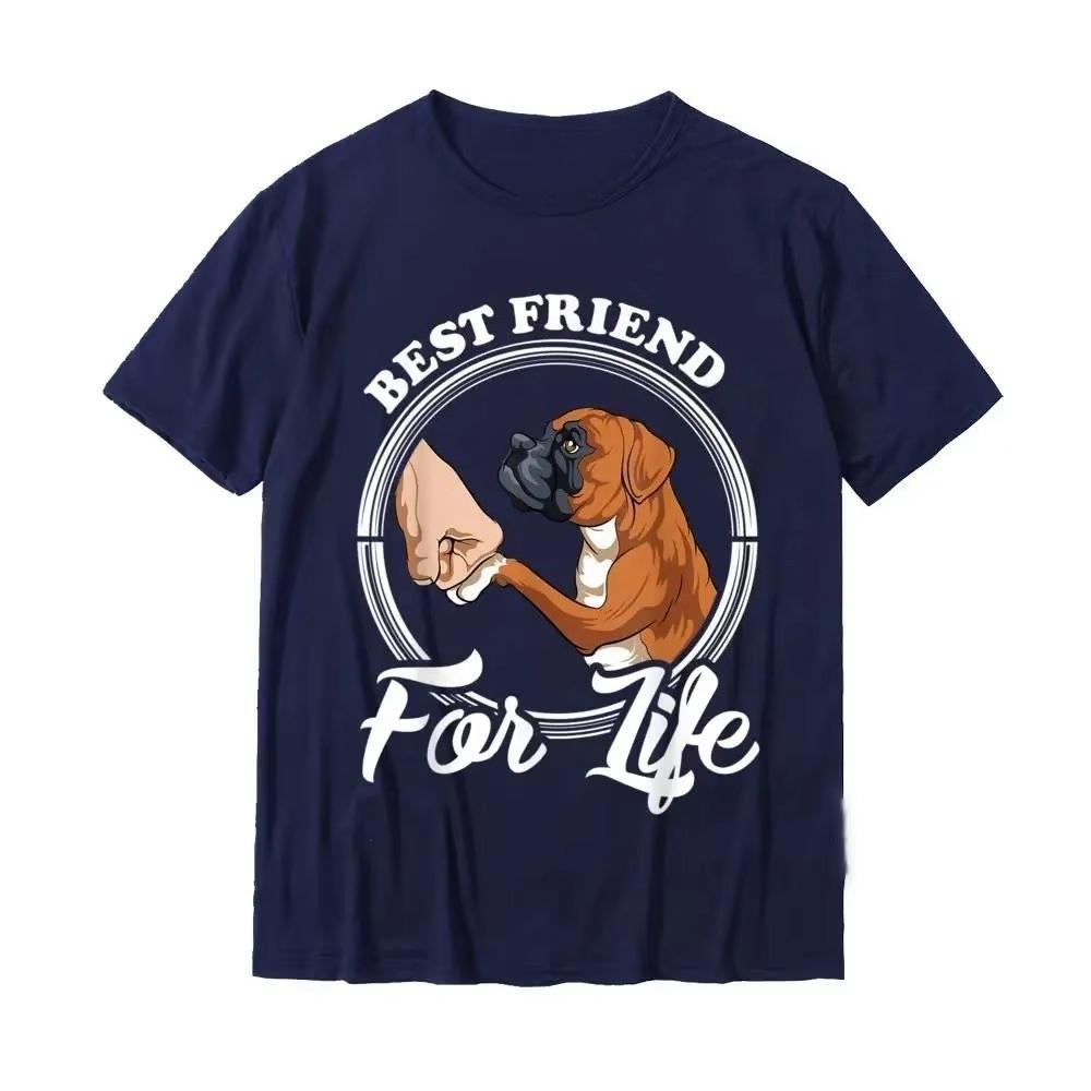 2025 Autumn and Winter Person and Dog Printed Short Sleeved Tees Thick Pure Cotton Round Neck High-quality Casual Style T-shirt