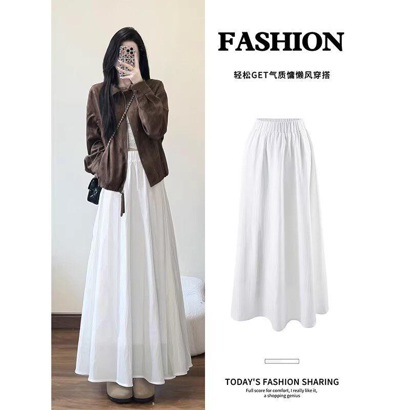 White skirt long women's new small white skirt half skirt drape a word pleated long skirt summer