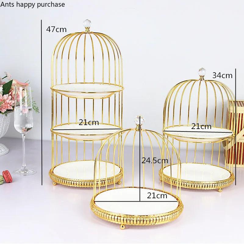 Birdcage Cake Stand Two Floors Three Floors Ceramic Plate Golden Silver Metal Snack Rack Dessert Cake Pastry Tray Display Stand