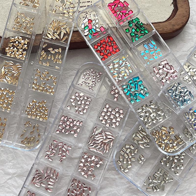 12 Grids Mixed Shape Colorful  Nail Art Decoration Multi Size Flat Back  Nail Gel Diy Nail Accessories