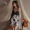 Women's Vintage Butterfly Print Deep V Padded Cami Sleep Dress with Robe Lounge Set
