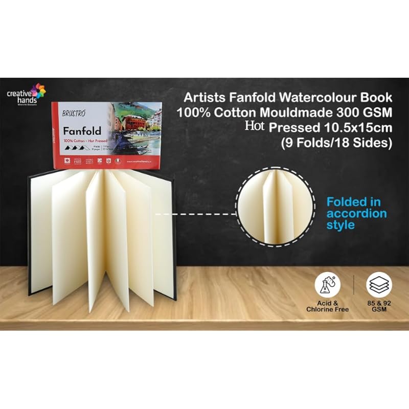 

Brustro Artists Fanfold Watercolour Book 100% Cotton Mouldmade 300 Gsm Hot Pressed 10.5X15Cm.(9 Folds/18 Sides) белый