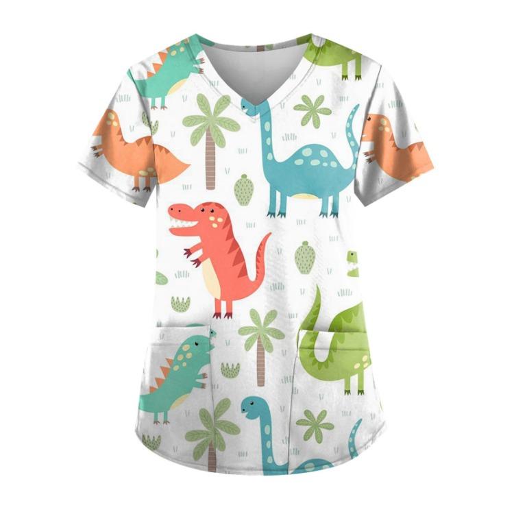 

Women Plus Size V Neck Short Sleeve T Shirts Dinosaur Printed Work Uniform Tops With Pockets Workwear Tee S белый