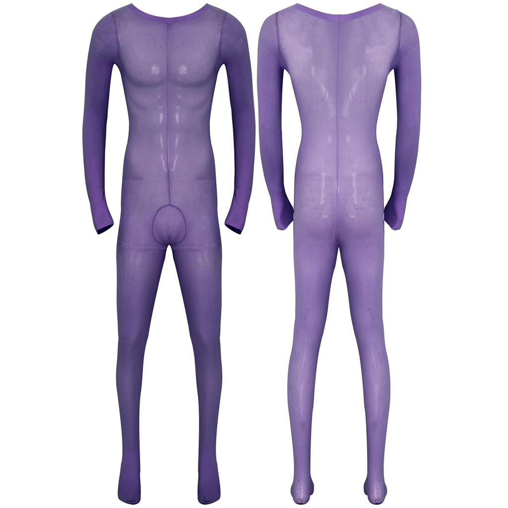 Mens Solid Color Bodystocking Long Sleeve Stretchy Bodysuit with Bulge Pouch Nightwear Underwear