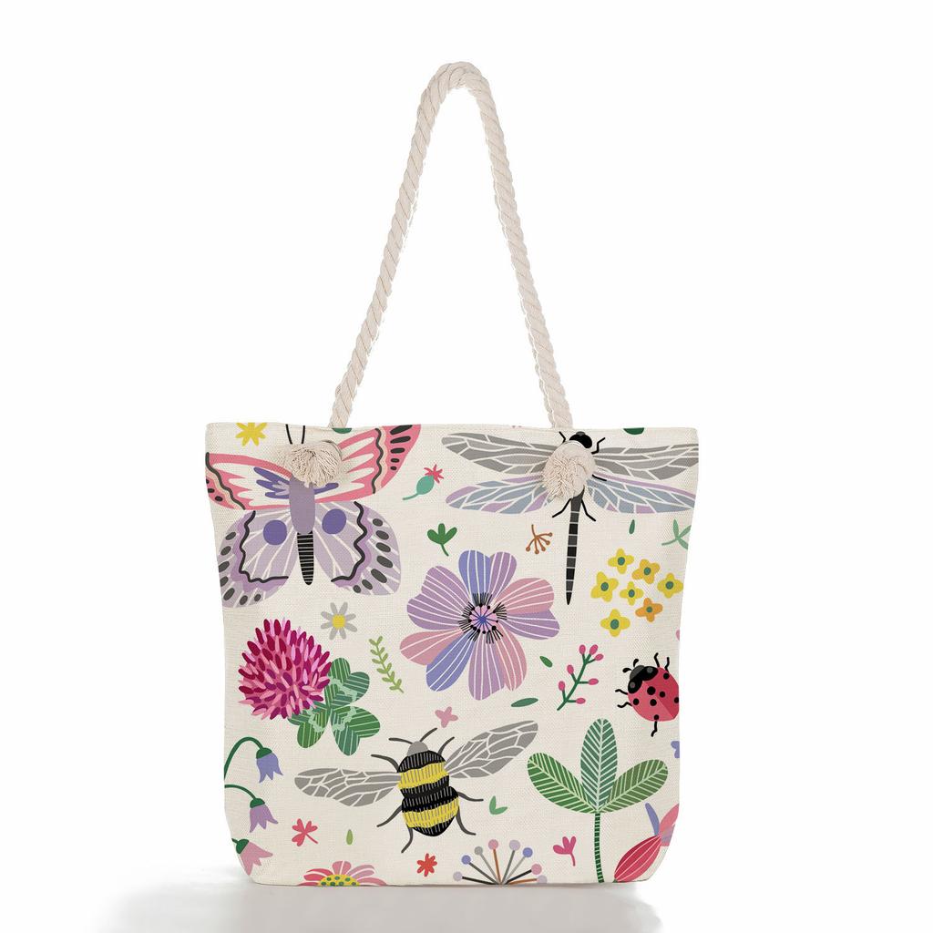 Multifunctional Flowers and butterflies Printed Thick Rope Shoulder Beach Bag Casual large capacity handbag 7615 KTB