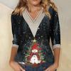 Women's Loose Casual Three-quarter Sleeve V-neck Lace Loose Christmas Print T-shirt Top