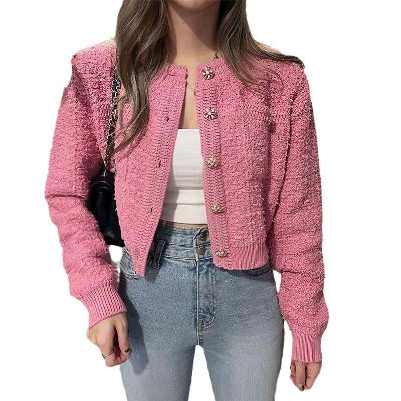 Autumn new temperament round neck button loose casual versatile short knitted jacket women