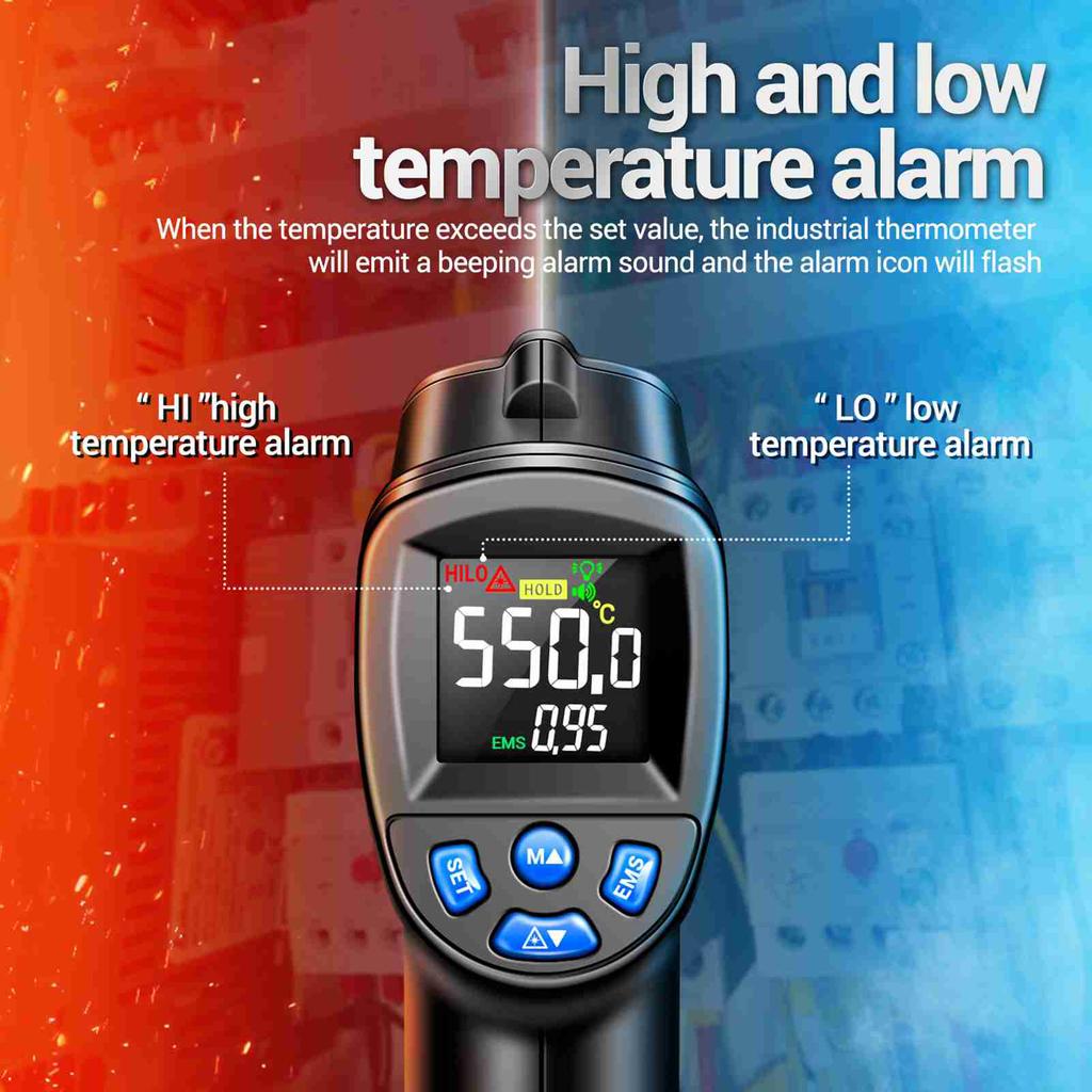 Infrared Thermometer, Non Contact Digital Thermometer with Backlit Display and   Emissivity, for Metal Oil Temperature and Industrial Use