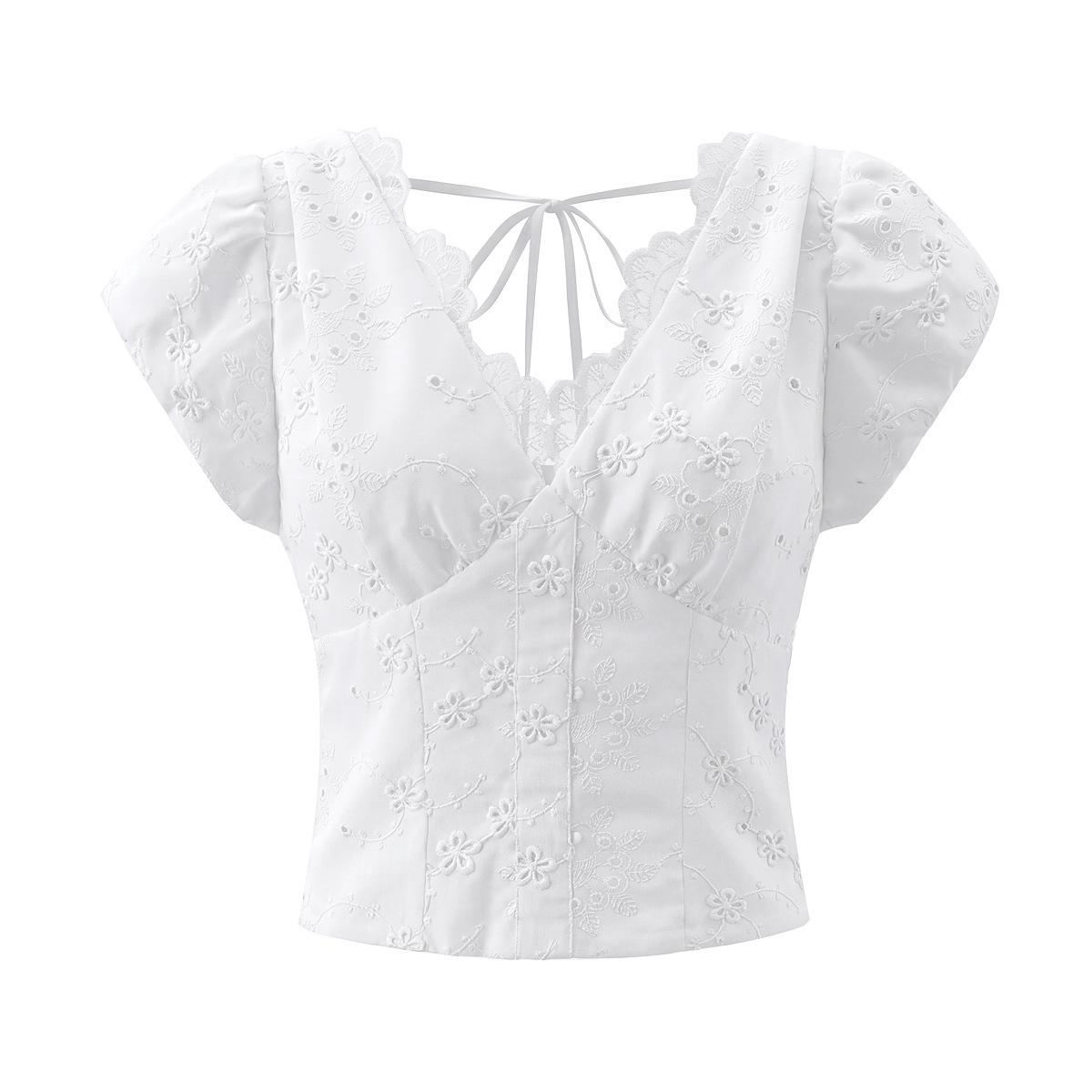 Women s French Lace V-Neck Short-Sleeve Shirt: Sweet, Slim-Fit Summer Top Small белый