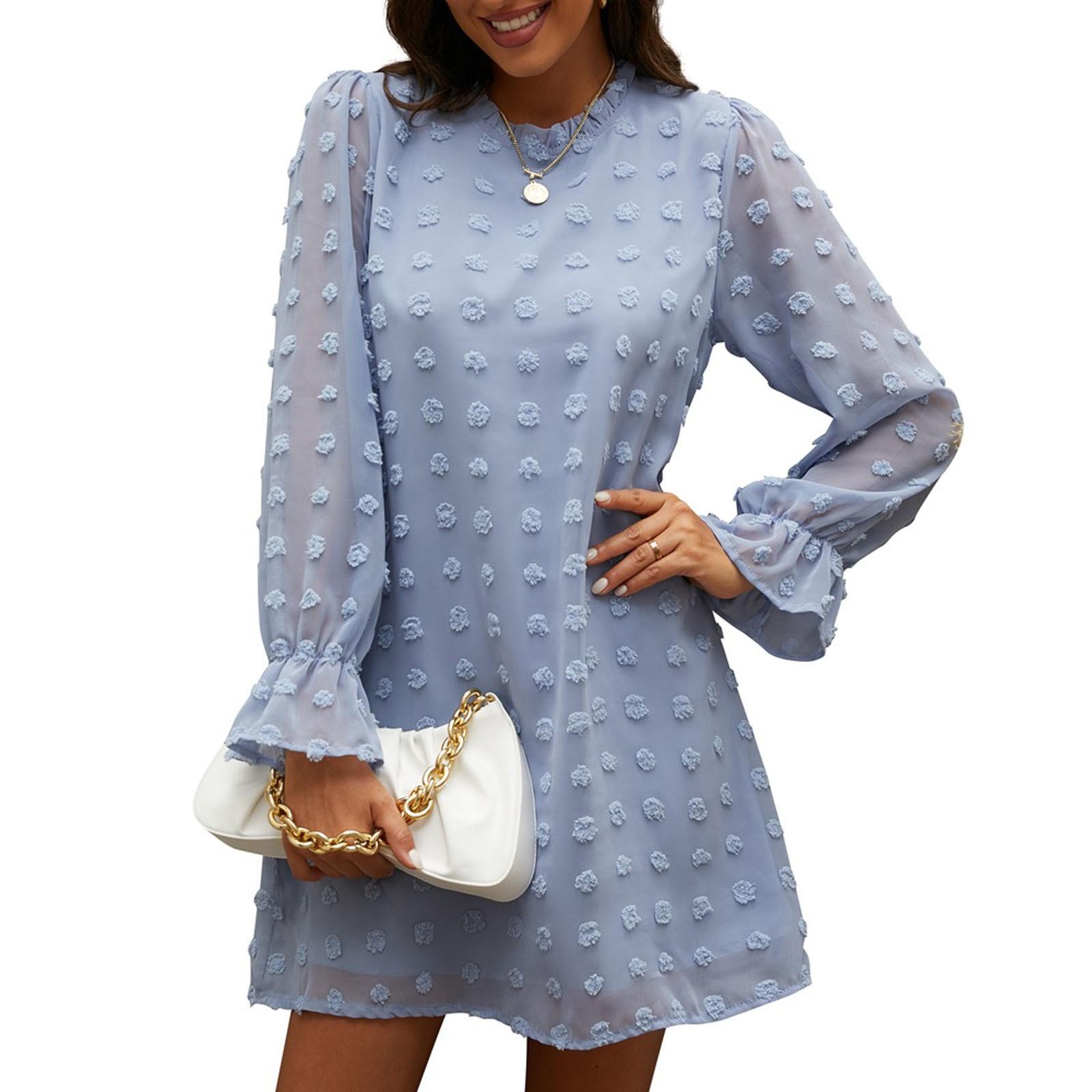 

Женское осеннее платье с длинным рукавом в горошек Свободное шифоновое повседневное короткое платье L