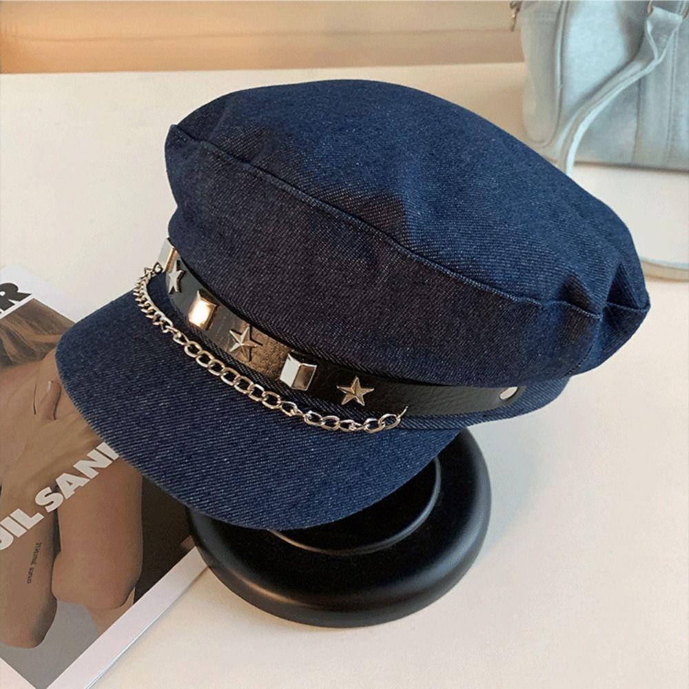 British Style Denim Octagonal Hat Korean Style Retro Painter Hat Casual Rivet Denim Beret  Girl