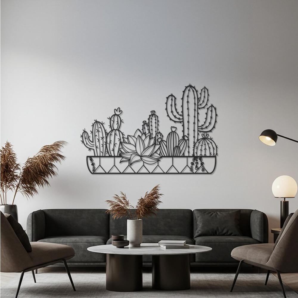 Wrought Iron Cactus Wall Decor, Minimalist Botanical Metal Art, Modern Nature Inspired Sculpture for Living Room Office