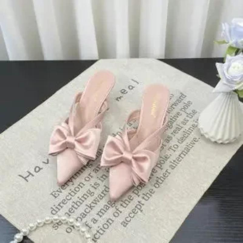Fairy Style Pink Cool Slippers for Women's Summer  French Pointed Bow Hollow High Heels, Half Wrapped Women's Slippers
