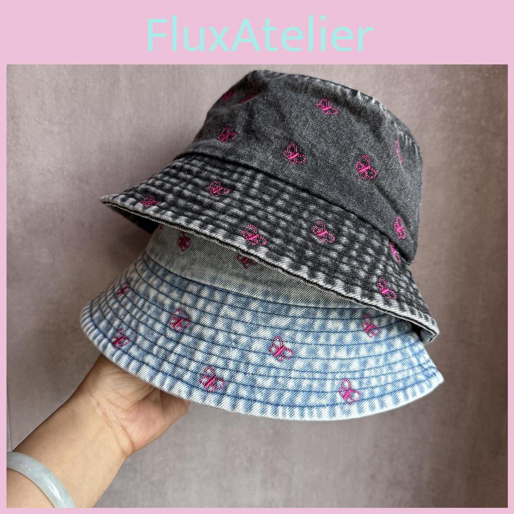 Summer Cotton Denim Fisherman Hat With Wide Brim And Artistic Embroidery For Daily Wear