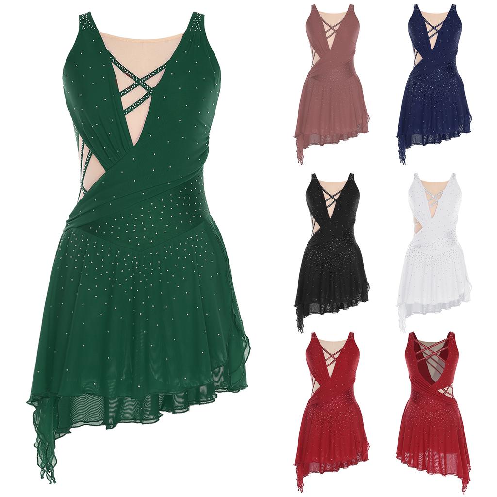 Rhinestones Adorned Dance Dress for Women - Backless with Side Slit, Flowy Asymmetrical Hem, Built-in Crotch & Press Buttons for Stage Events