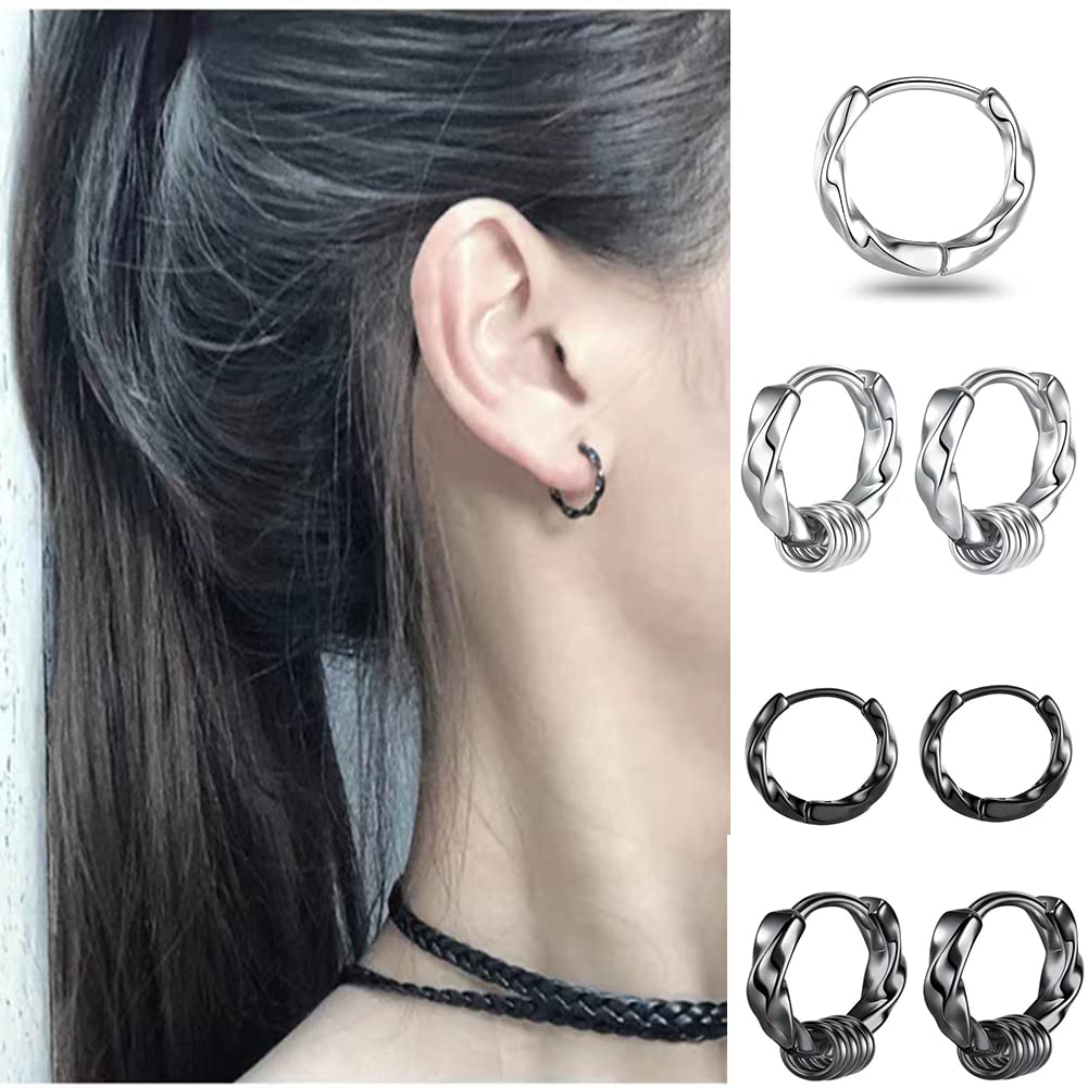 Rockyu Earrings for Stainless Steel Dangling Ring Diamond Twist Birthday Fashion Accessories Men, Hoop, Earrings, Black, Silver, Brand, Shape,