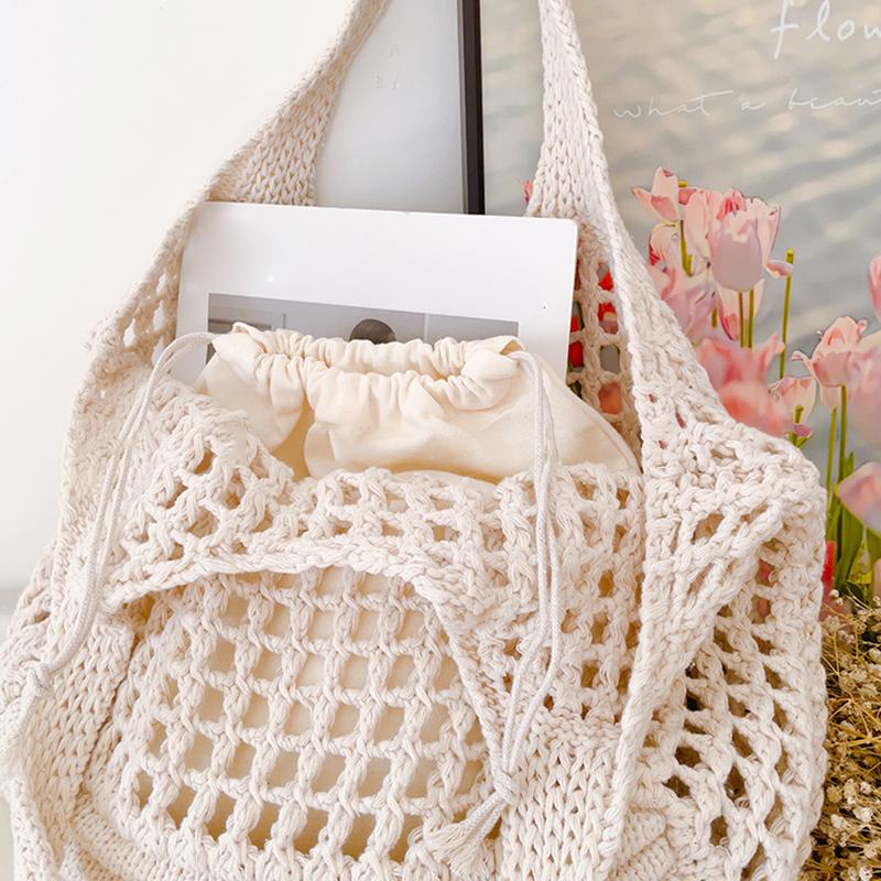 New Large Capacity Shoulder Composite Bag Weave Beach Vacation Handbags Women Knitted Hollow Out Tote Bags
