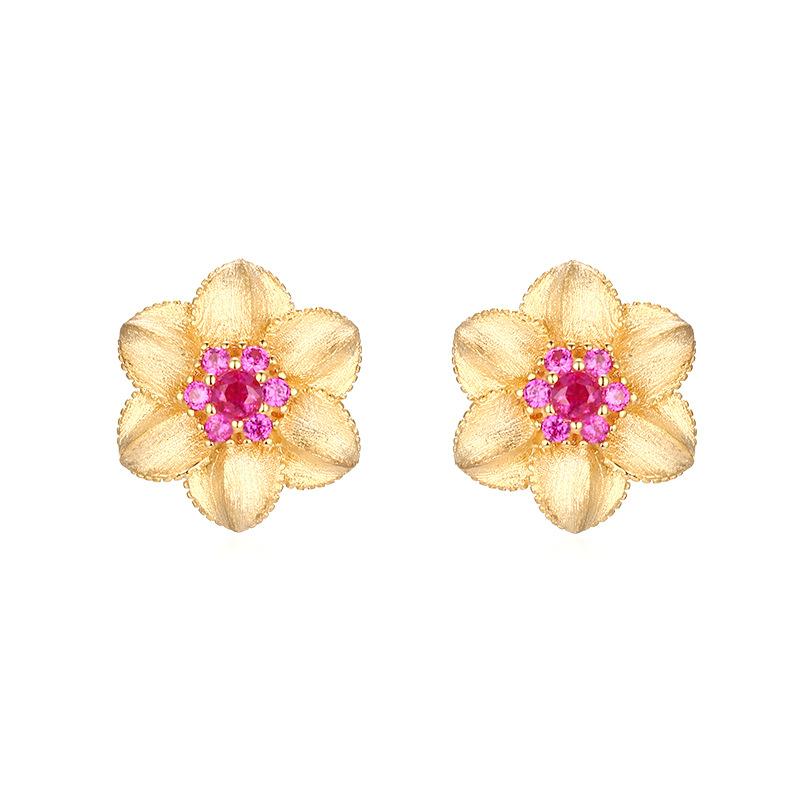925 Sterling silver flower corundum stud earrings women s retro gold brushed premium stud earrings