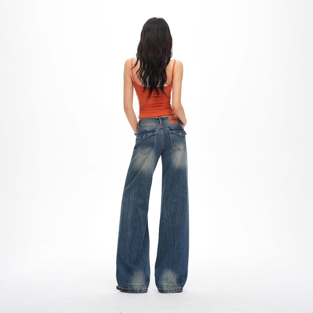 Spring Summer Vintage Dip Dye Mid Waist Slightly Relaxed Flare Denim Pants For Women Casual Pants Oversize Denim Trousers