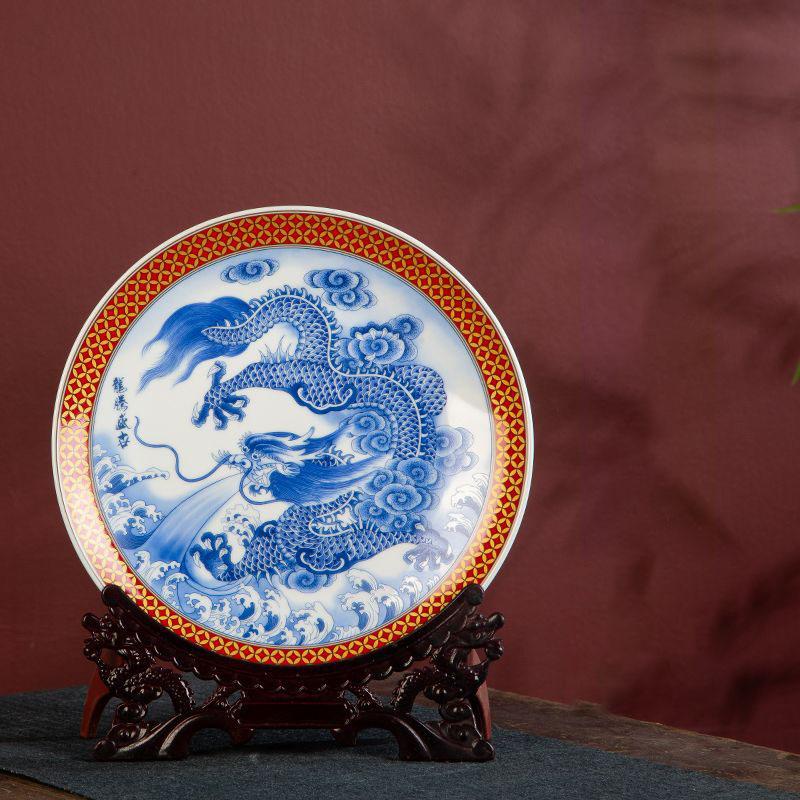 Chinese Jingdezhen Ceramic Plate+Base Set Decoration Items Home Living Room Furnishing Ornaments Office Desk Accessories Crafts