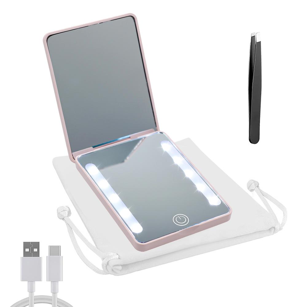 

LED Pocket Mirror with 3X Magnification with Eyebrow Tweezers Mini Ultra, 3 colors Lights Touch Dimmable Compact Cosmetic Mirror