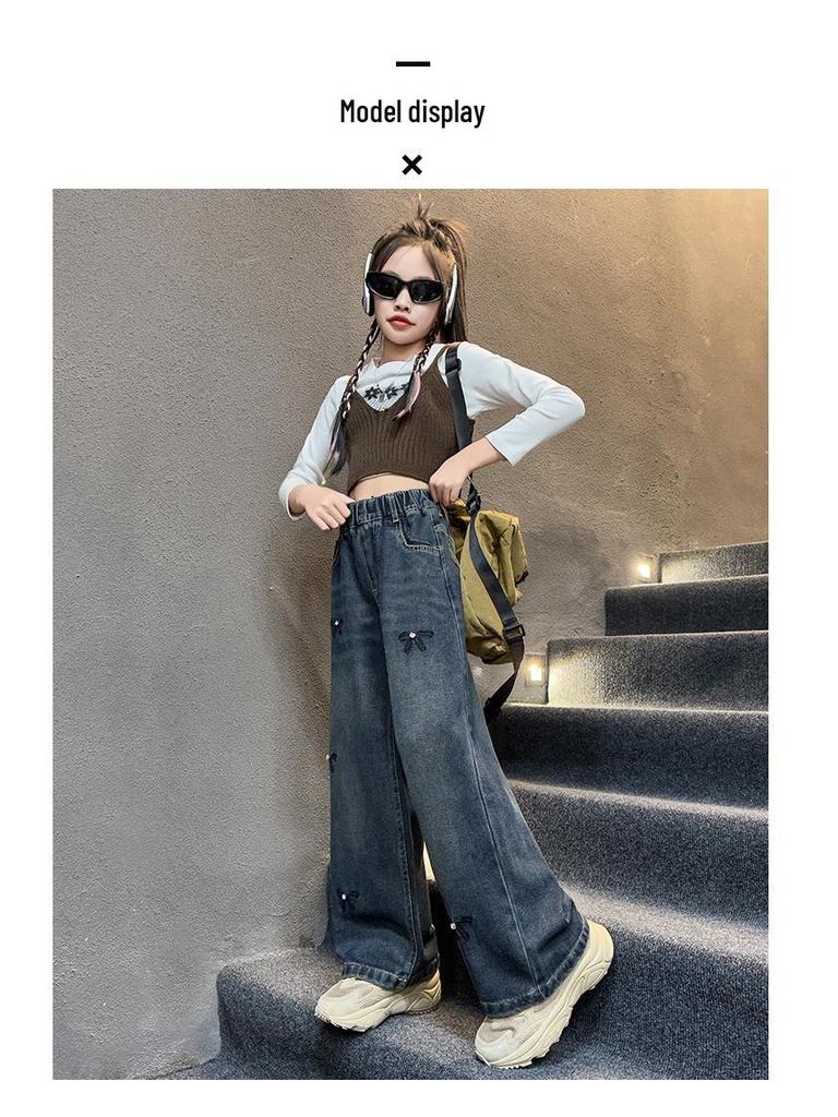 Girls' 2025 Fleece-Lined Wide-Leg Denim Pants - Autumn/Winter Style
