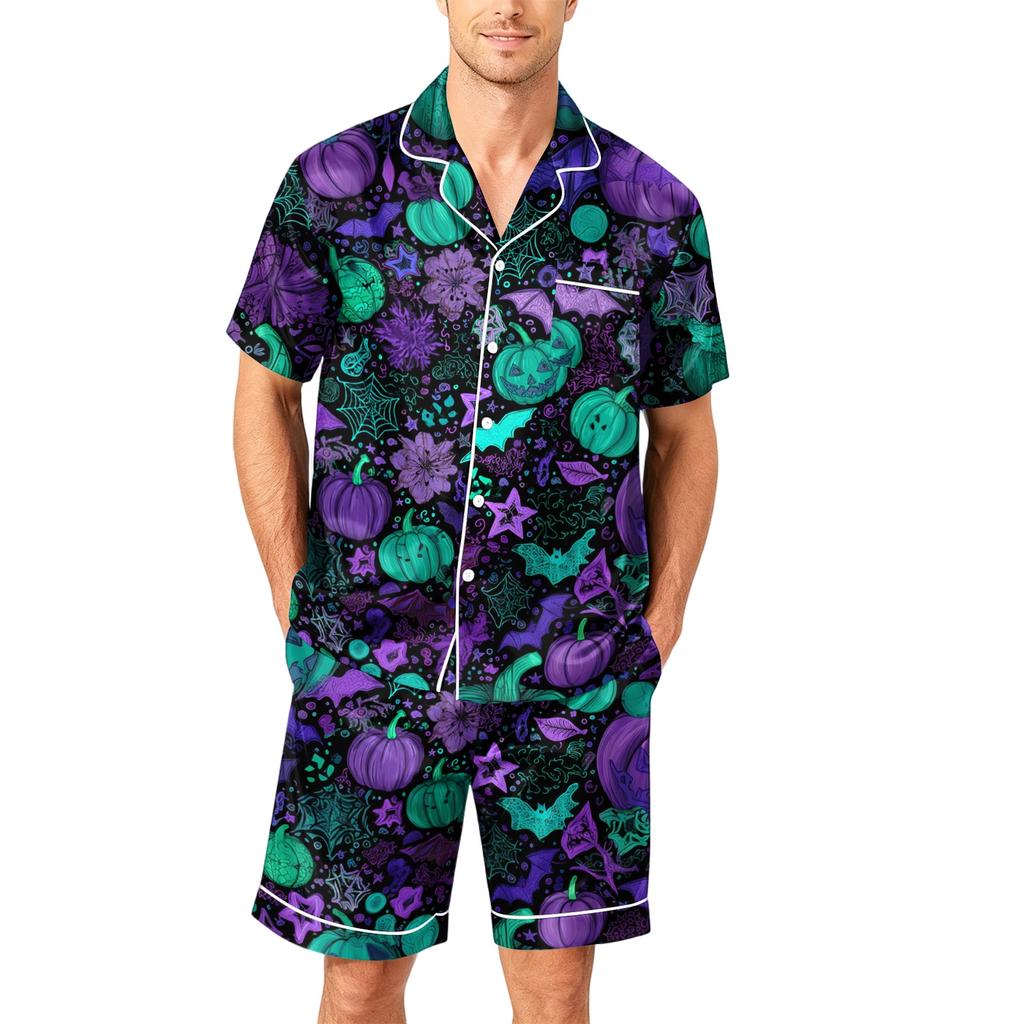 Men's Short Sleeve Pajama Set Button Down Shirt with Curved Hem and Matching Shorts Soft Casual Lounge Sleepwear S To XXXXL
