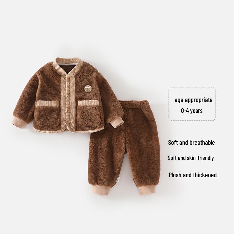 Thickened Colorblock Pajama Set for Kids - Warm Autumn/Winter Sleepwear 110 cm