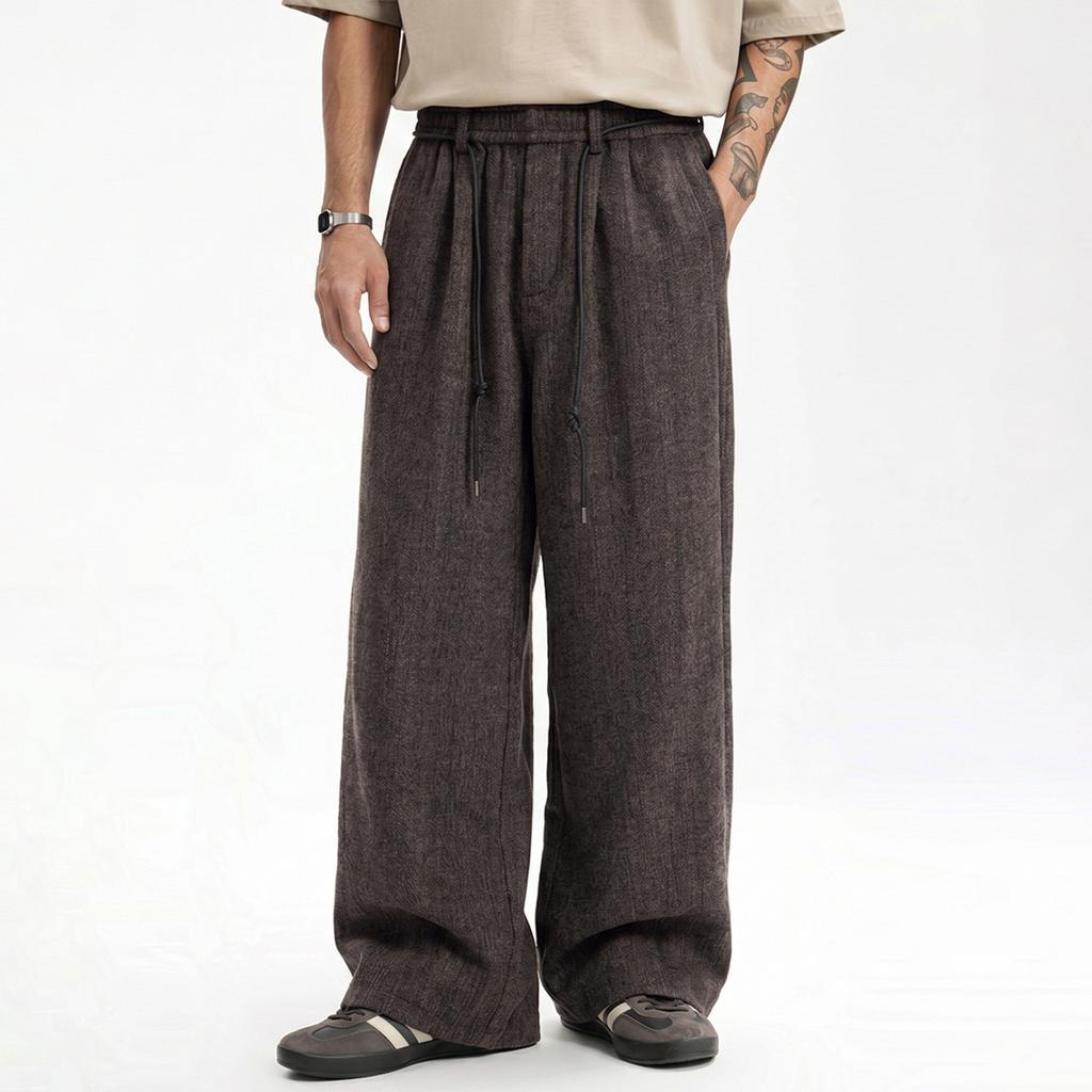 American retro texture pleated casual pants men's autumn and winter heavy loose straight pants structure split scimitar trousers