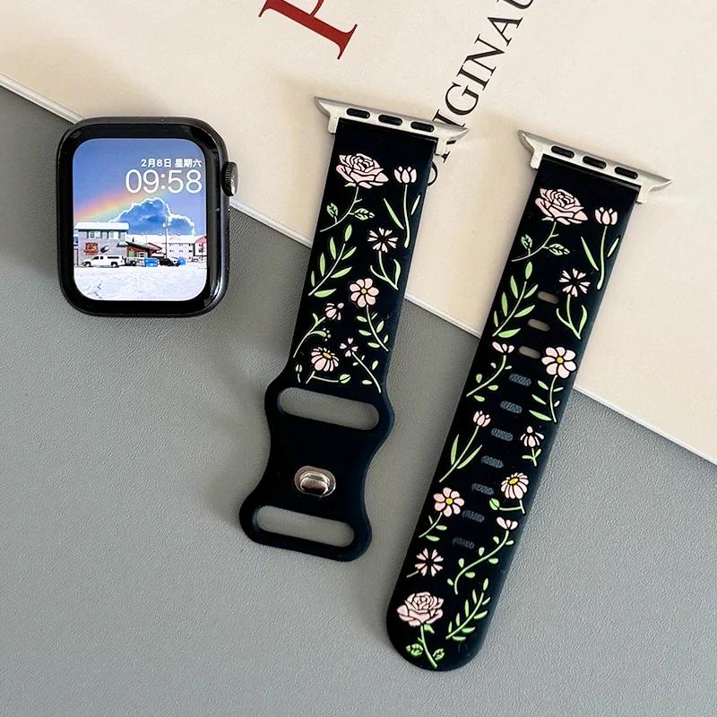 New Floral Engraved Bracelet For Apple Watch Band 44mm 42mm 41mm 40mm 45mm 49mm 46mm Correa Iwatch Series 10 9 7 SE 6 8 Ultra