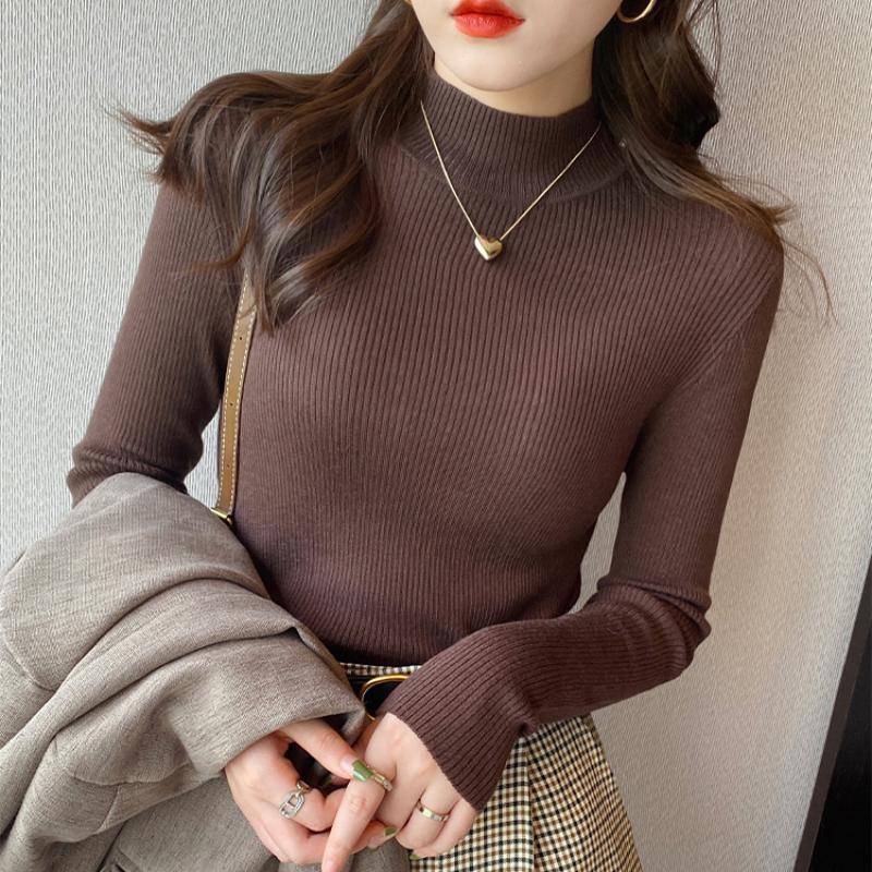 Fashion Solid Half High Neck Knitted Sweater Women Slim Fit Casual Elegant Pullover Sweaters Autumn and Winter Long Sleeve Knitwear Sweater Tops 24841