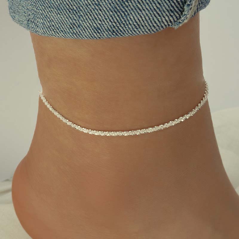 1PCS Shiny Sparkling Simple Silver Color Anklet for Women Simple Elegant Copper Jewelry Female Beach Ankle Bracelet on Foot