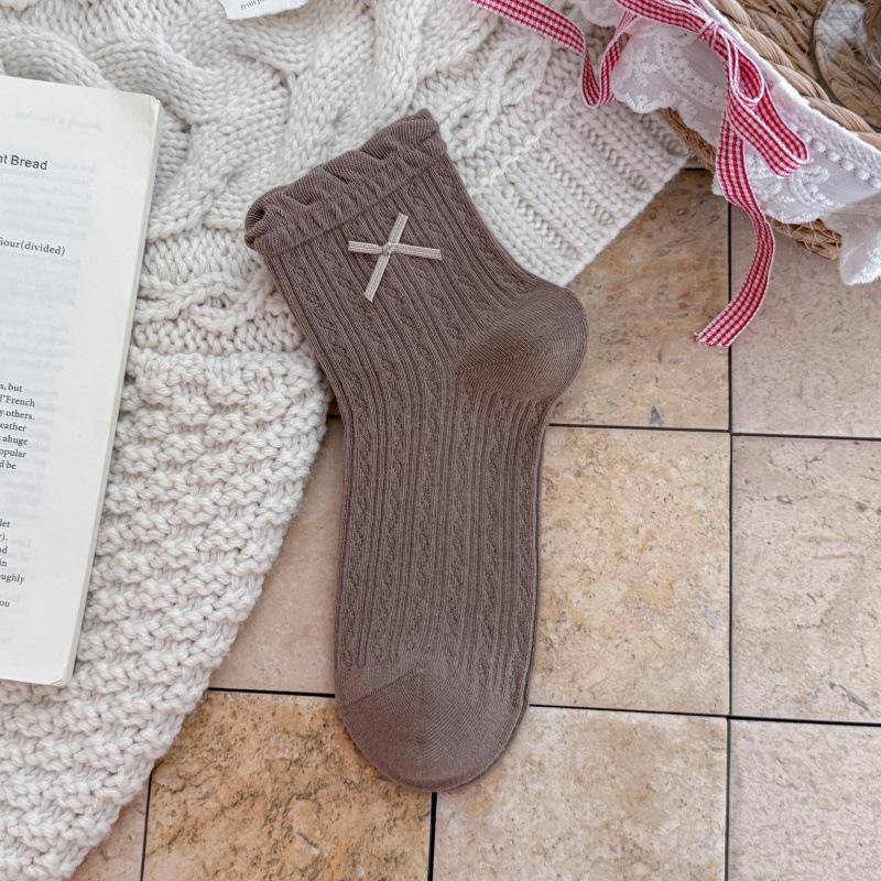 Autumn Sweetly Piled Stockings - Embroidered Butterfly Knots, Combed Cotton Mid-Calf Stockings, Ballet Style, Lolita Style