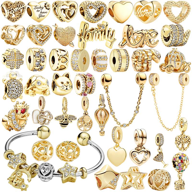 Sparking Gold Heart Clip Family Tree Dangle Charm Beads Fit Snake Silver Bracelet Necklace Beads For Diy Jewelry Women Gift