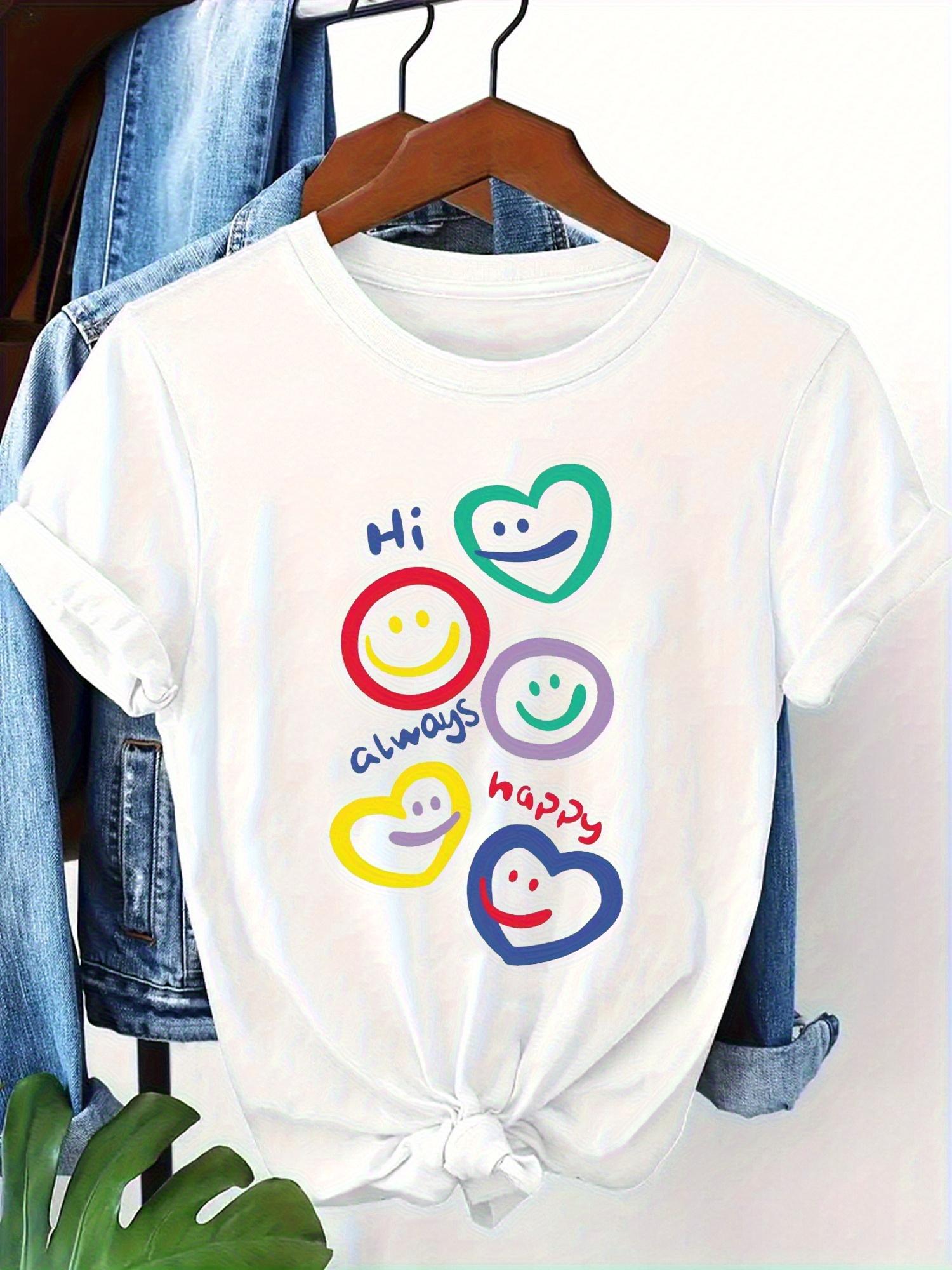 

Womens Black TShirt Hi Happy Smileys Hearts Graphic Harajuku Short Sleeve Tshirt Clothing Street Tops Tees Aesthetic Clothes S