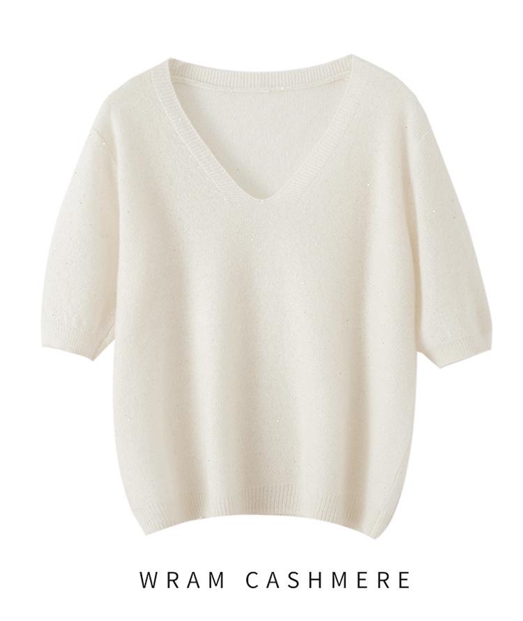 Women's Starry Sky Sequin V-Neck Pullover Sweater, Half-Sleeve Versatile Knit Top