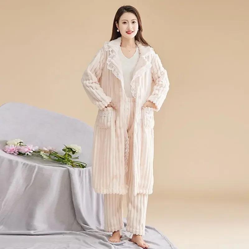 Coral Fleece Thickening for Warmth Can Worn Outside Loungewear Set Fine Fleece Autumn Winter Ms. Night Gown Bathrobe Long Sleeve