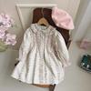 Spring Girls Floral Dress With Peter Pan Collar Hand Smocked Long Sleeve Princess Dress Elegant Children Clothing