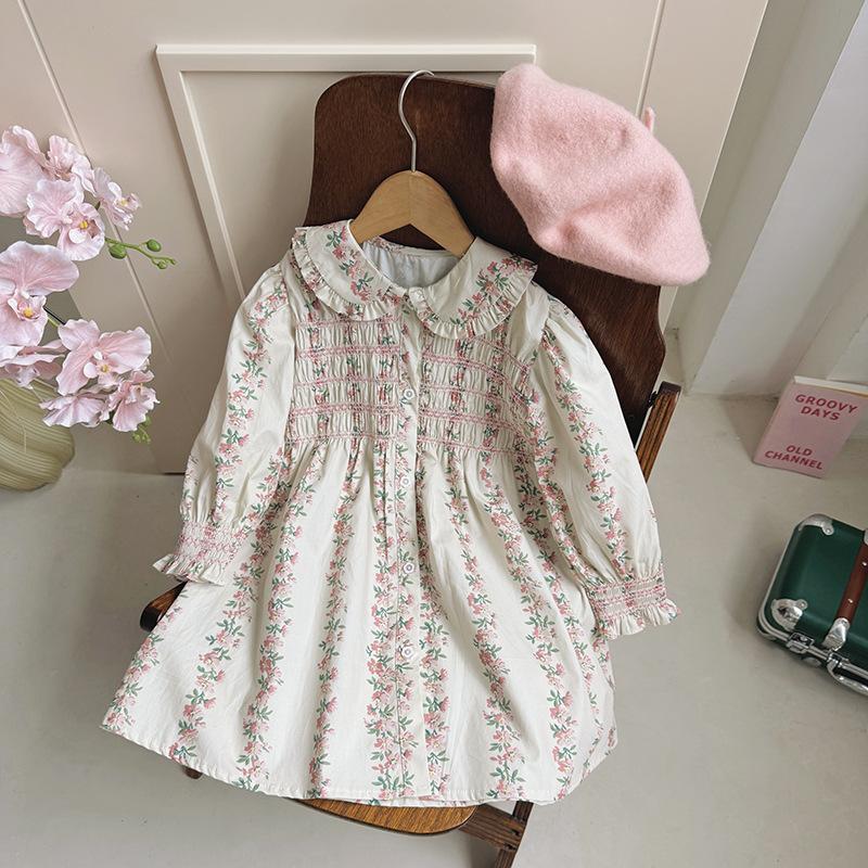 Spring Girls Floral Dress With Peter Pan Collar Hand Smocked Long Sleeve Princess Dress Elegant Children Clothing