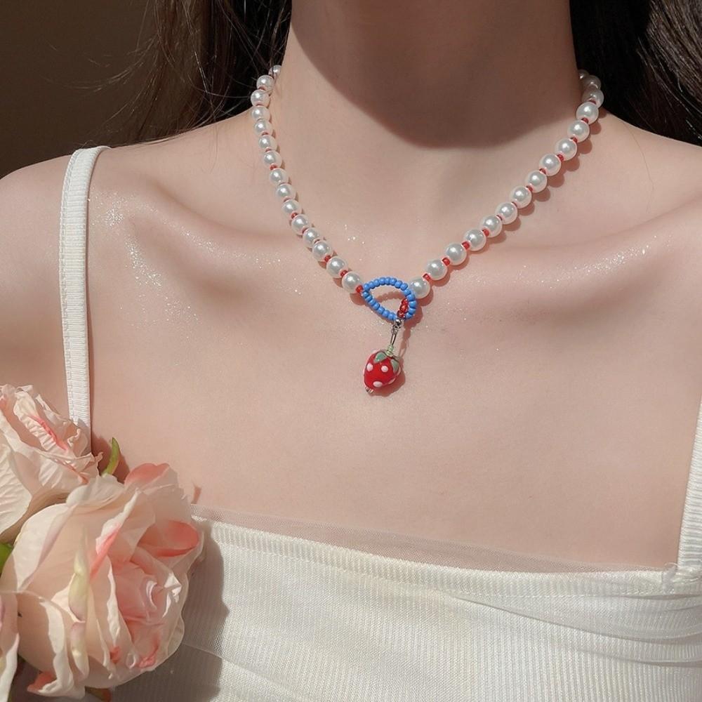 2pca Strawberry Pendant Braided Rope Necklace Layered Simulated Beads Chain Flower Necklace Summer