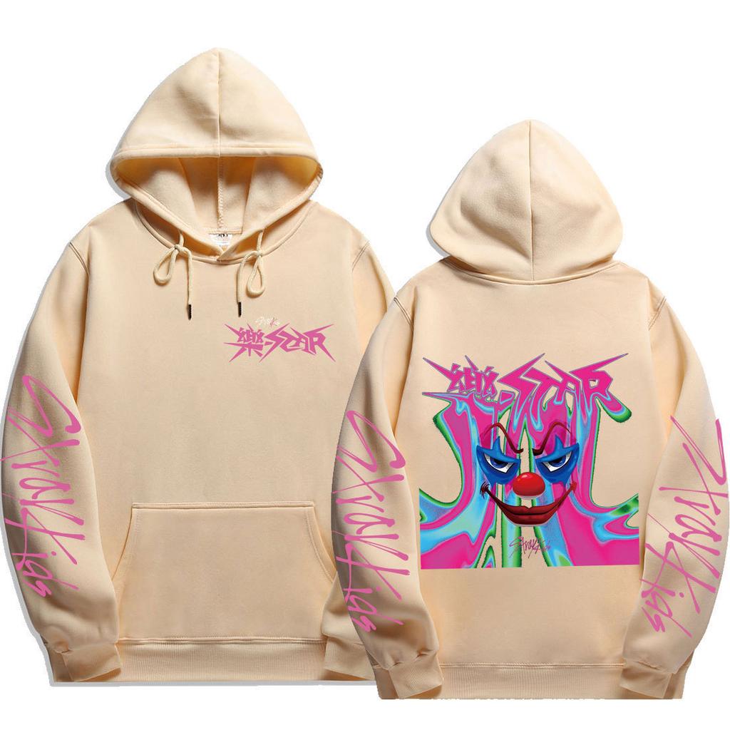 Stray Kids Evil Clown Drip Graphic Pullover Hoodie Background Joker‑Style Clown Face Drawstring Hood Oversized Unisex K‑Pop Streetwear Fan Merch