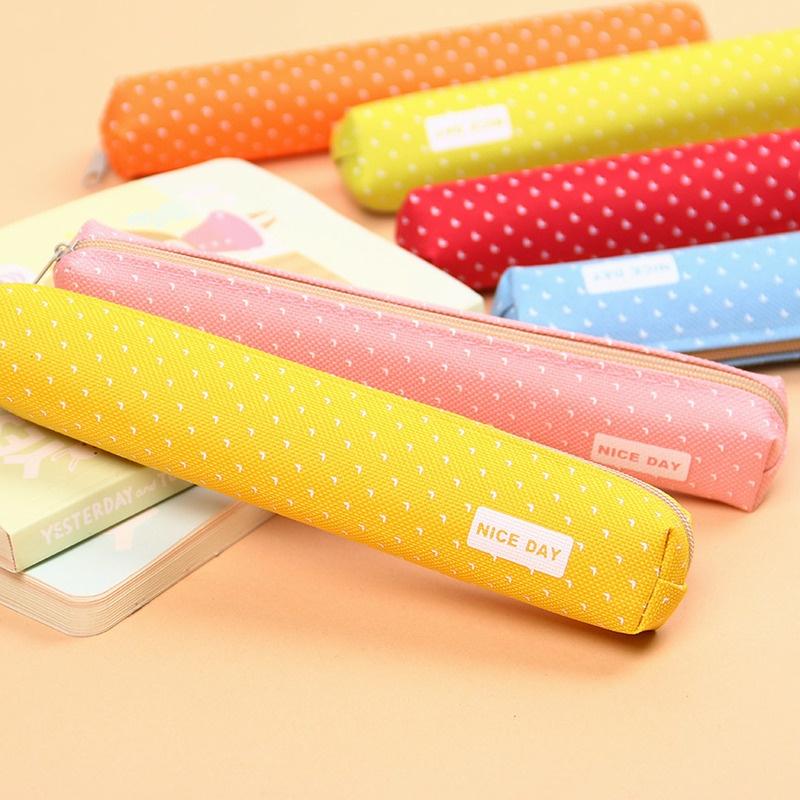 Small Fresh Canvas Zipper Pencil Cases Kawaii Dot Fashion for Women School Supplie