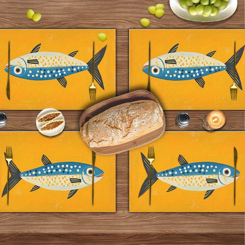 4pcs Cute Fish Print Placemats- Vibrant Orange and White Polka Dot Design, Durable Polyester Rectangular Washable Placemats, Suitable for Holiday